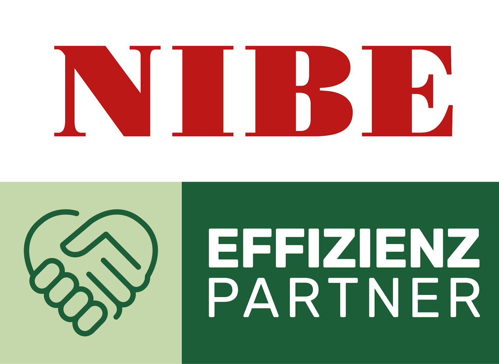 Das Bild besteht aus dem großen roten Markenschriftzug NIBE und einer darunterliegenden Grafik mit einem stilisierten Handschlag und der Aufschrift EFFIZIENZ PARTNER.