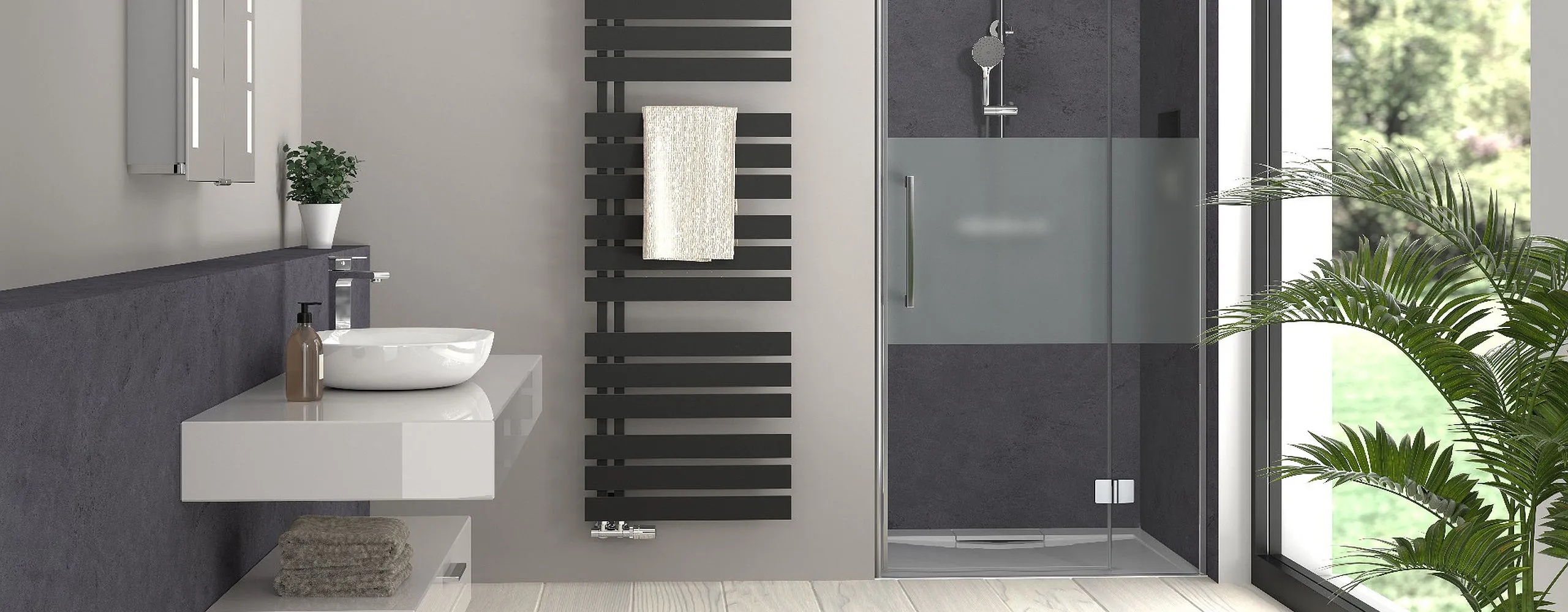 Kleines Badezimmer mit Waschtisch,Heizkörper und Nischdusche von HSK. 
