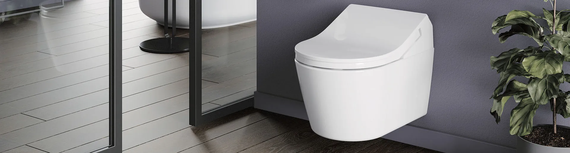 Das Toto Neorest RX WASHLET ist wandhängend, mit geschlossenem Deckel und klaren Linien, vor einer grauen Wand, auf dunklem Holzboden und neben einer Pflanze.