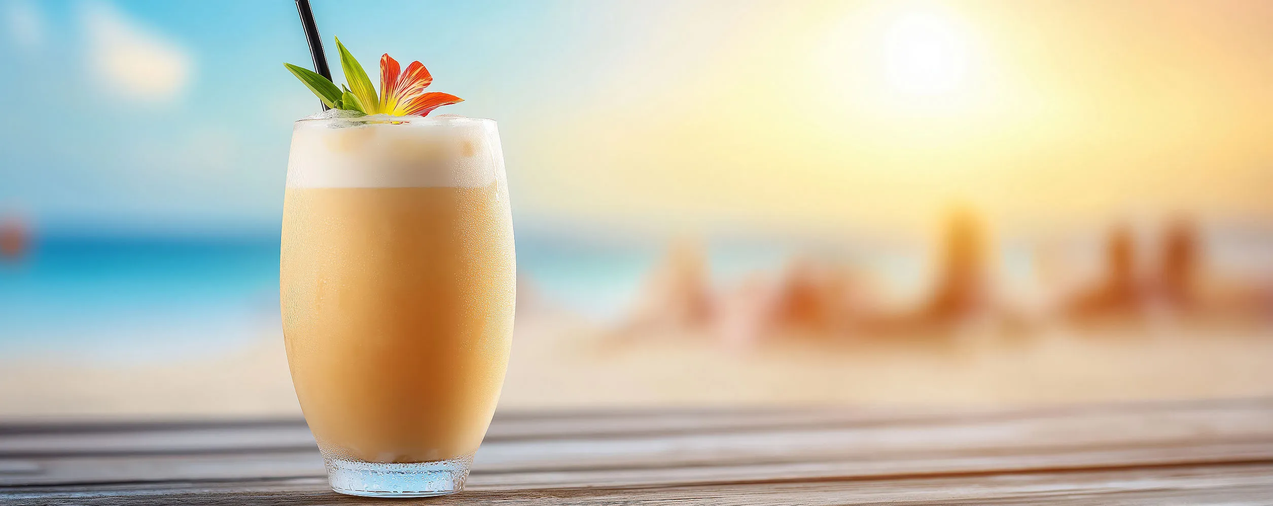 Ein cremiger tropischer Cocktail mit Schaumkrone und Blütendekoration steht auf einem Holztisch vor verschwommenem Strandpanorama.