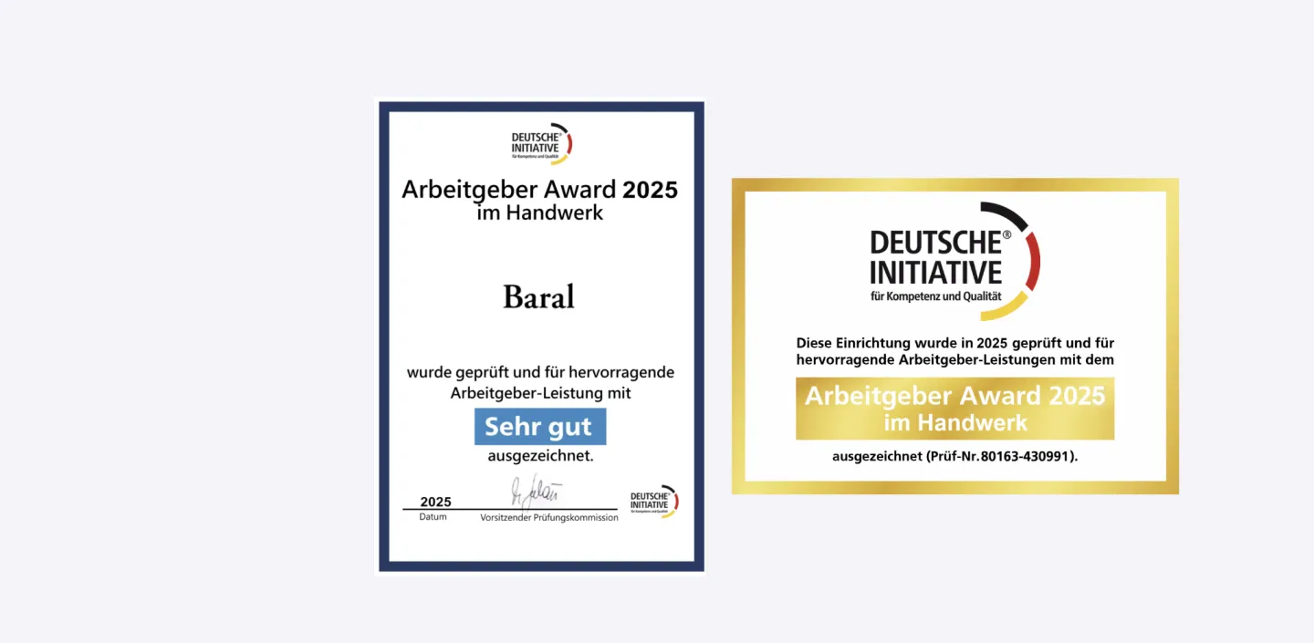 Eine Bildmontage zeigt zwei Zertifikate der Deutschen Iniative für Kompetenz und Qualität, die die hervorragende Arbeitgeber-Leistung der Baral-GmbH honorieren.