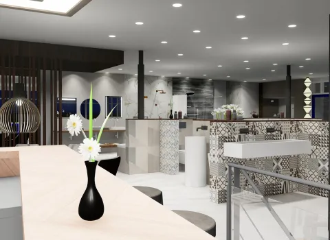 Eine stilvolle Innenraumgestaltung zeigt einen modernen Ausstellungsraum für Badezimmerdesigns, der mit verschiedenen Fliesenmustern und modernen Sanitärobjekten ausgestattet ist. 