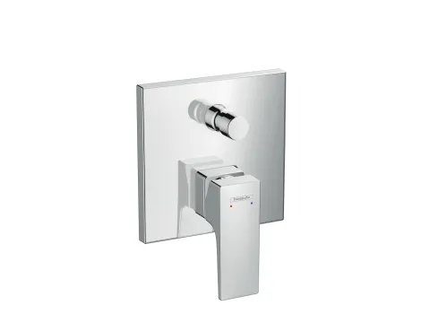 Eine moderne Duscharmatur von Hansgrohe mit glänzendem, rechteckigem Chromgehäuse und einem zentralen Hebel für die Temperaturregulierung. 