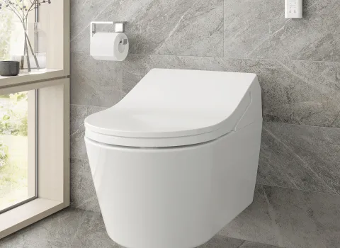 Ein weißes Toto WASHLET RX mit geschlossenem Deckel, vor einer Wand aus grauen Fliesen, daneben ein Fensterbrett mit Vase und eine Wandsteuerung.