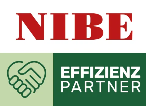 Das Bild besteht aus dem großen roten Markenschriftzug NIBE und einer darunterliegenden Grafik mit einem stilisierten Handschlag und der Aufschrift EFFIZIENZ PARTNER.