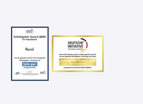 Eine Bildmontage zeigt zwei Zertifikate der Deutschen Iniative für Kompetenz und Qualität, die die hervorragende Arbeitgeber-Leistung der Baral-GmbH honorieren.