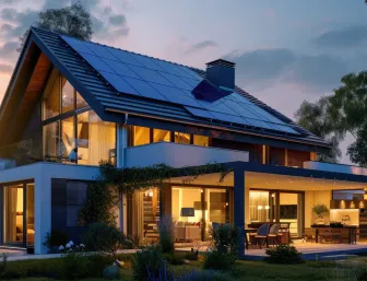 Beleuchtetes Einfamilienhaus in der Dämmerung mit Solar-Modulen.