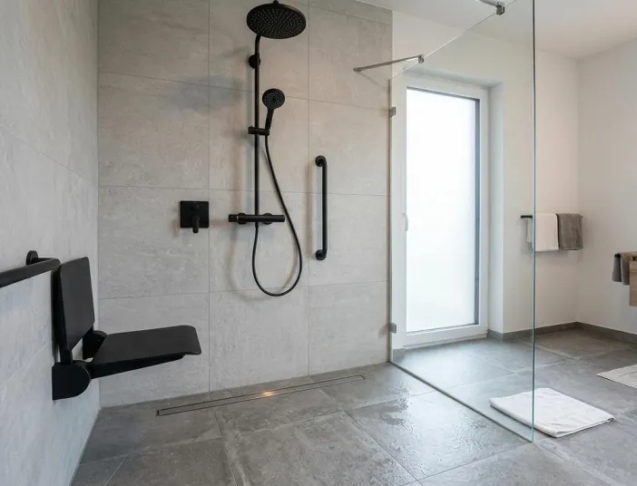 Eine barrierefreie Dusche mit Duschsitz in schwarz.