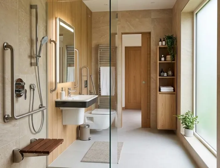 Warmes Badezimmer mit barrierefreier Walk-in-Dusche mit Duschsitz.