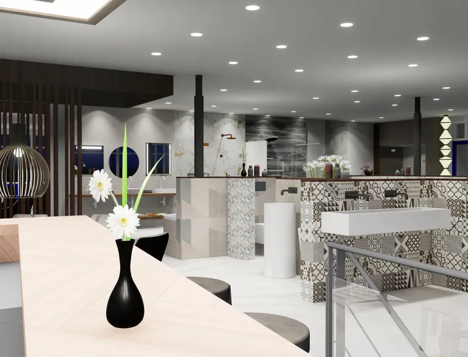 Eine stilvolle Innenraumgestaltung zeigt einen modernen Ausstellungsraum für Badezimmerdesigns, der mit verschiedenen Fliesenmustern und modernen Sanitärobjekten ausgestattet ist. 